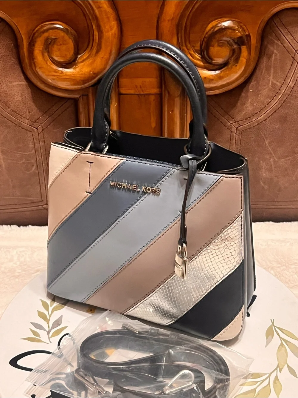 Michael Kors Colorblock Satchel in Blue, Pink, Gold & Black crossbody bag